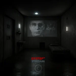 Dim hallway with a large grayscale projection of a man's face and the words DYSTOPIA STANZA101 on the floor.