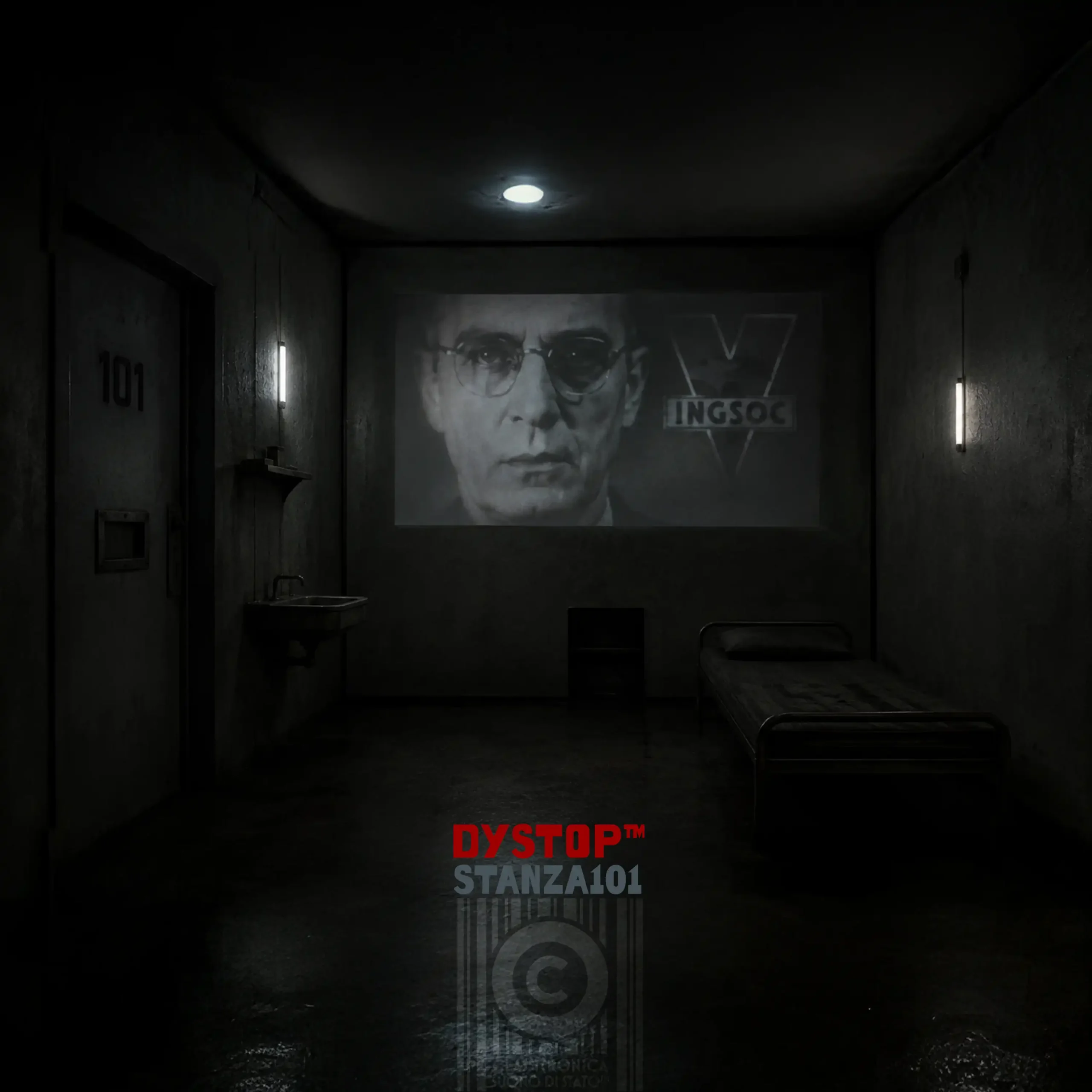 Dim hallway with a large grayscale projection of a man's face and the words DYSTOPIA STANZA101 on the floor.